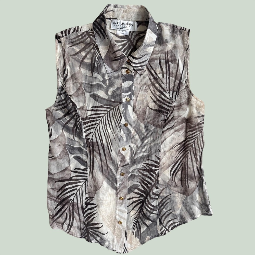 St John Collection Marie Gray 100% Silk Palm Print Sleeveless Button Down 10